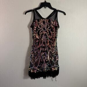 Curtain Call Pink Blue Green Shift Sequin Fringed Flapper Style Dress Womens S/M